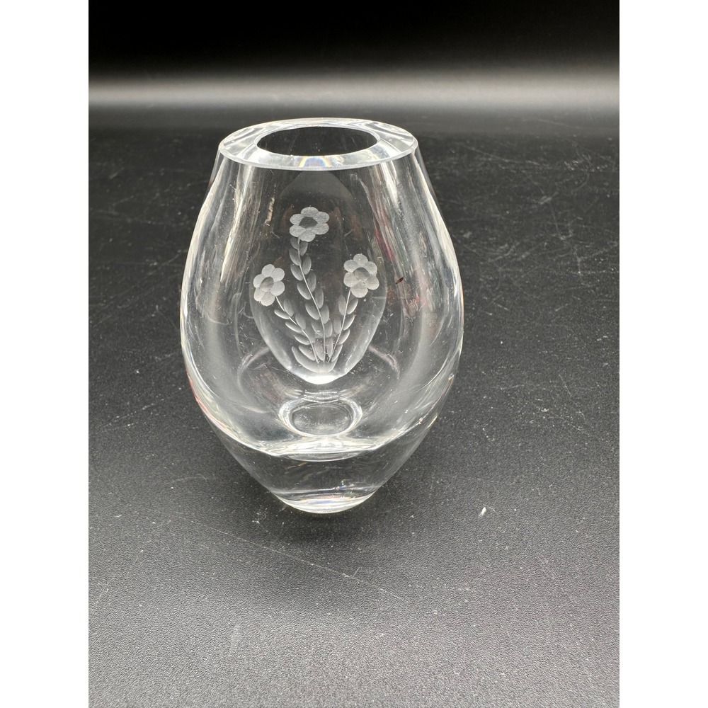 Hovmantorp Daisy Etched Glass Vase Swedish Handblown Crystal Bud Vase Clear